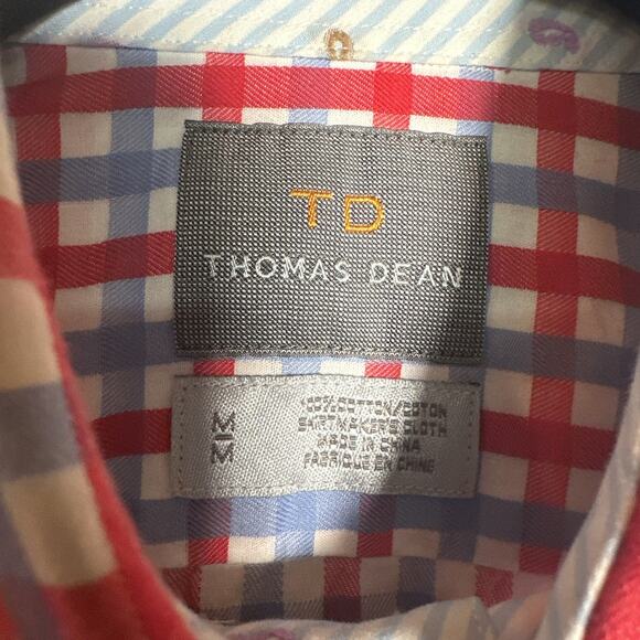 THOMAS DEAN Men's Red Blue Plaid Cotton Button Up Dress Shirt Size Medium - Picture 2 of 9